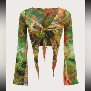 SHEIN split sleeve tie front asymmetrical hem graphic print mesh top